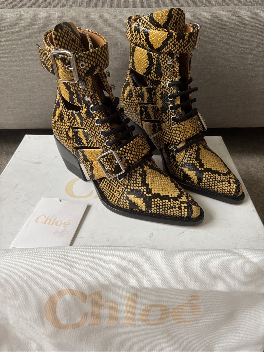 New Chloe Yellow Snake-Print Leather Ankle Boots